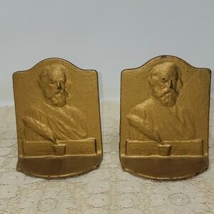 Vintage Henry Wadsworth Longfellow Cast Iron Bookends American Poet Art Deco